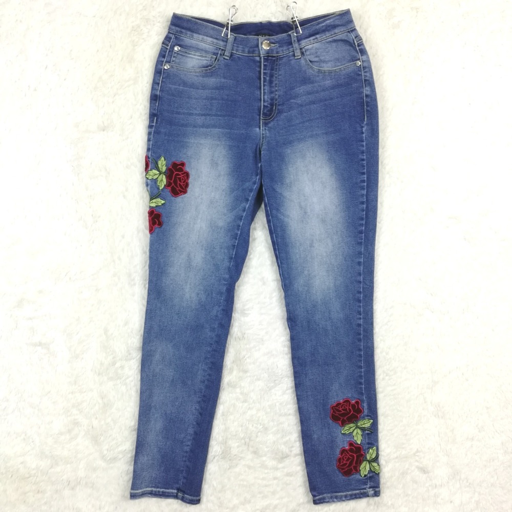 Venus Womens Jeans Skinny Ankle High Riseβ Blue Denim Rose Floral Embroidered 27